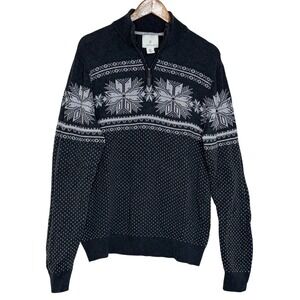 ASPEN Men's Large Charcoal Snowflake Fair Isle Quarter Zip Sweater Preppy